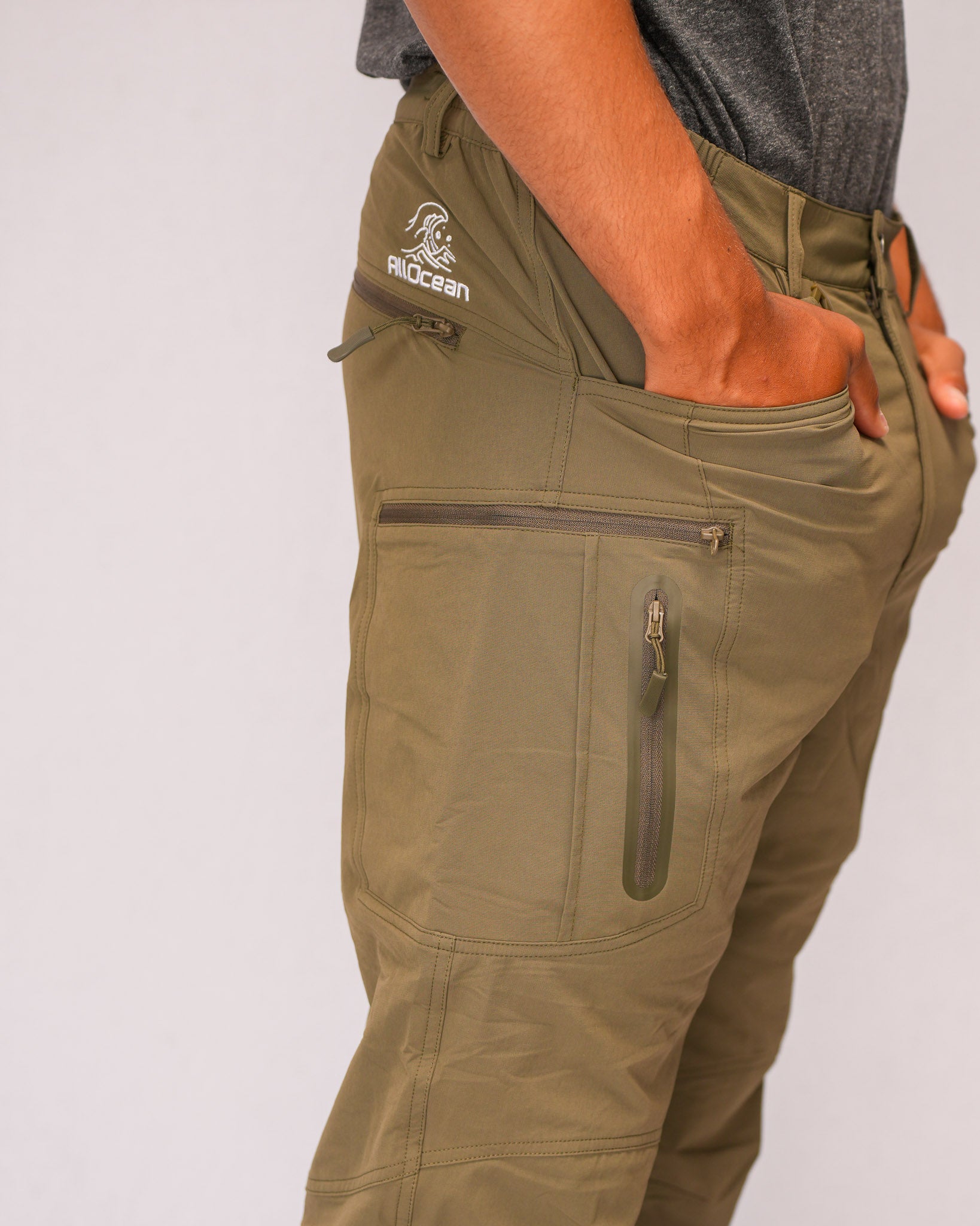 AllOcean SaltRunner saltwater fishing pants side view – Army Green