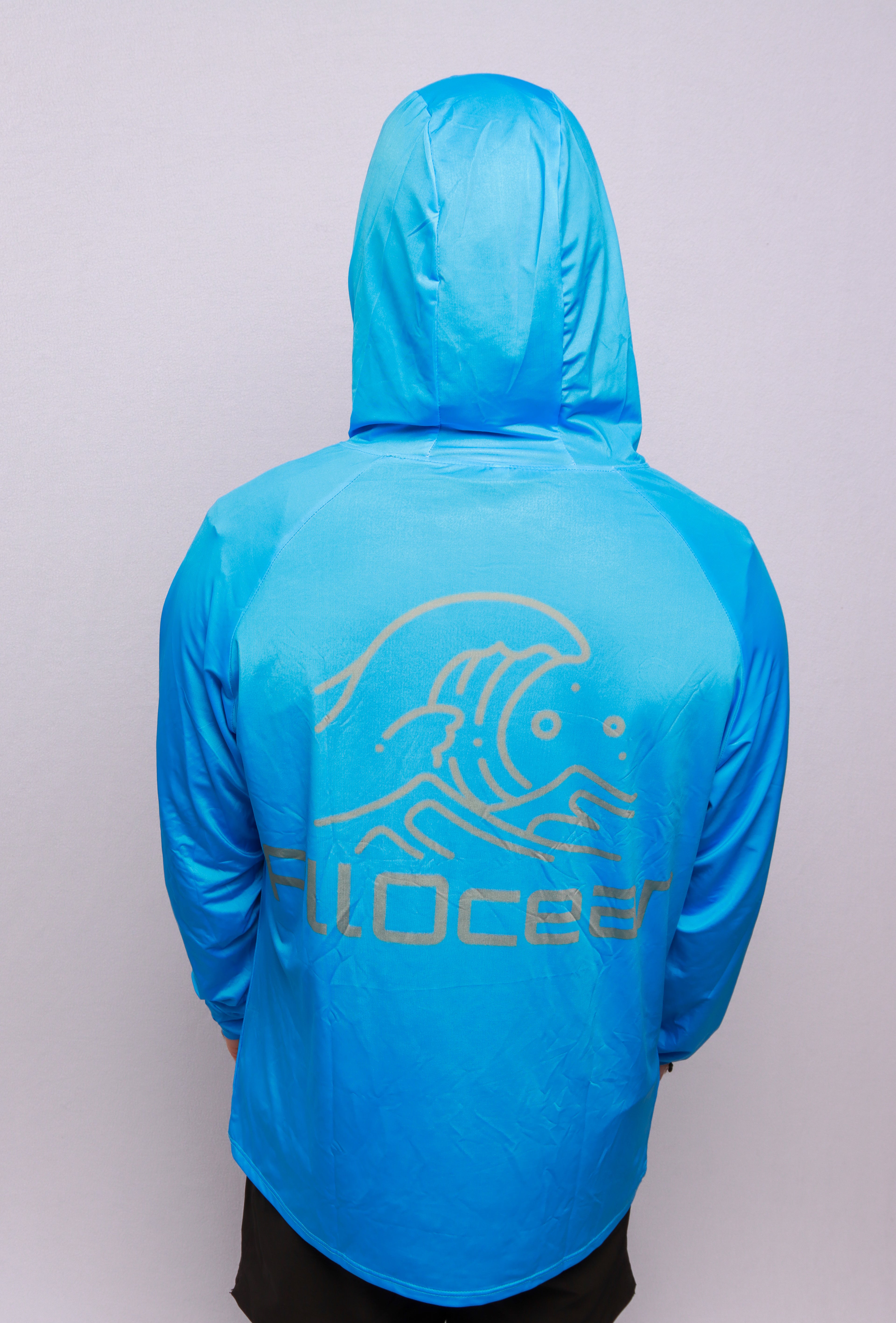 Back view AllOcean Apex Performance Hoodie mens UPF 50 fishing hoodie blue